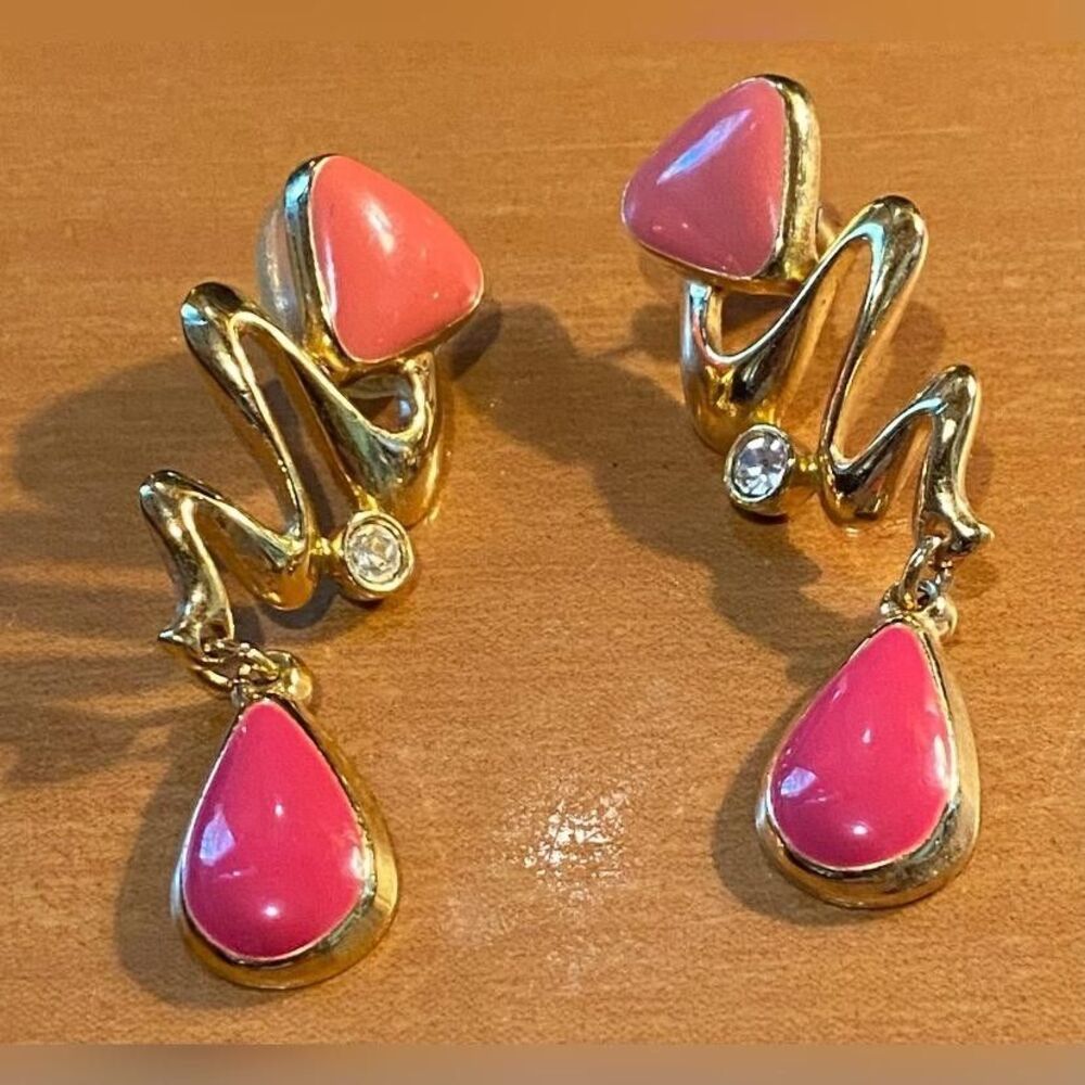 Gold Tone Orange Enamel Teardrop Dangle Drop Earrings Women’s Crystal Art